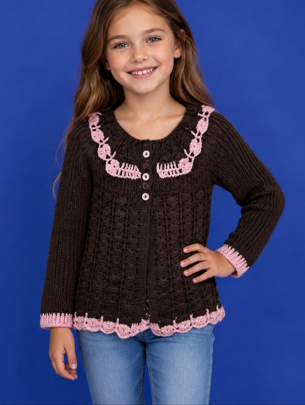 VTG 70s Girl's Brown Pink Handmade Crochet Cardigan Sweater